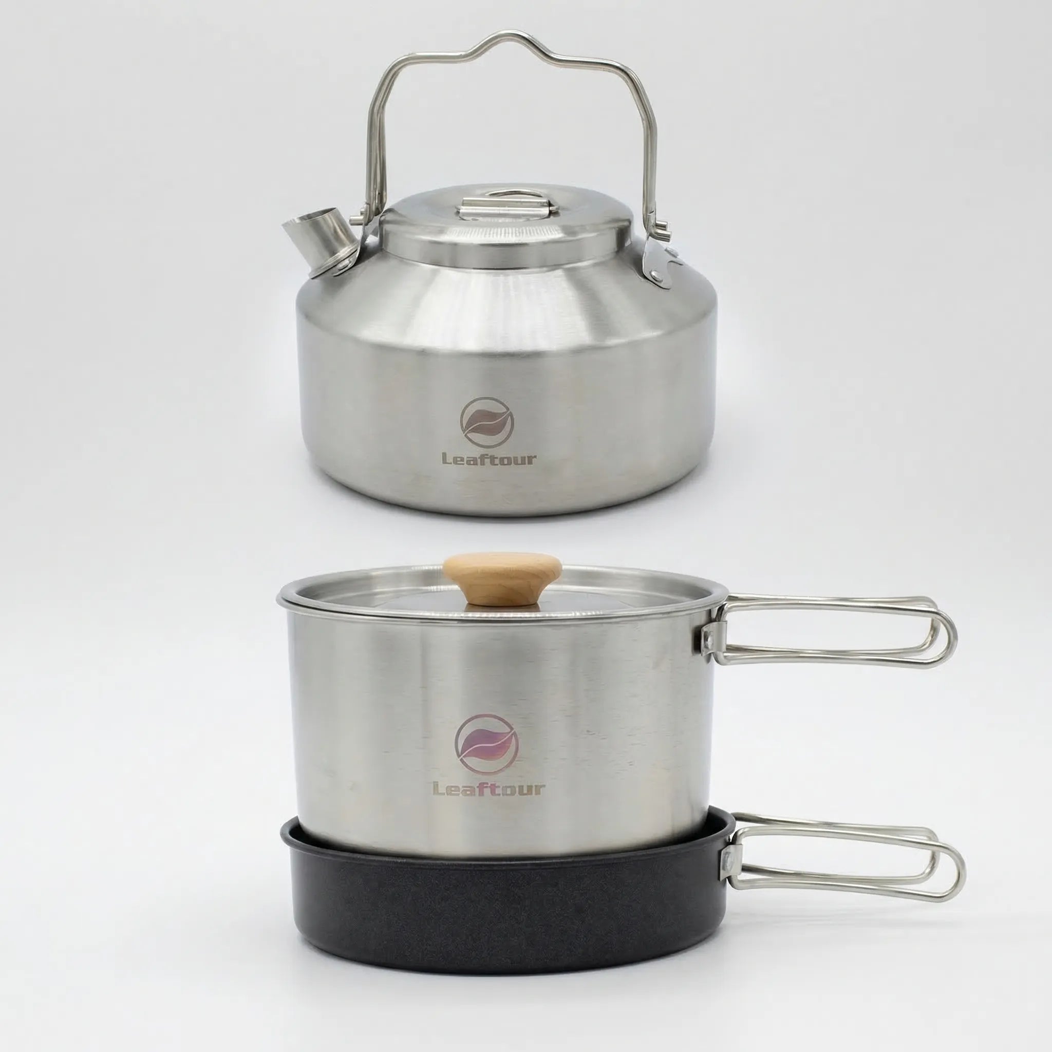 3-piece camping cookware set with kettle, pot and non-stick frying pan for outdoor use