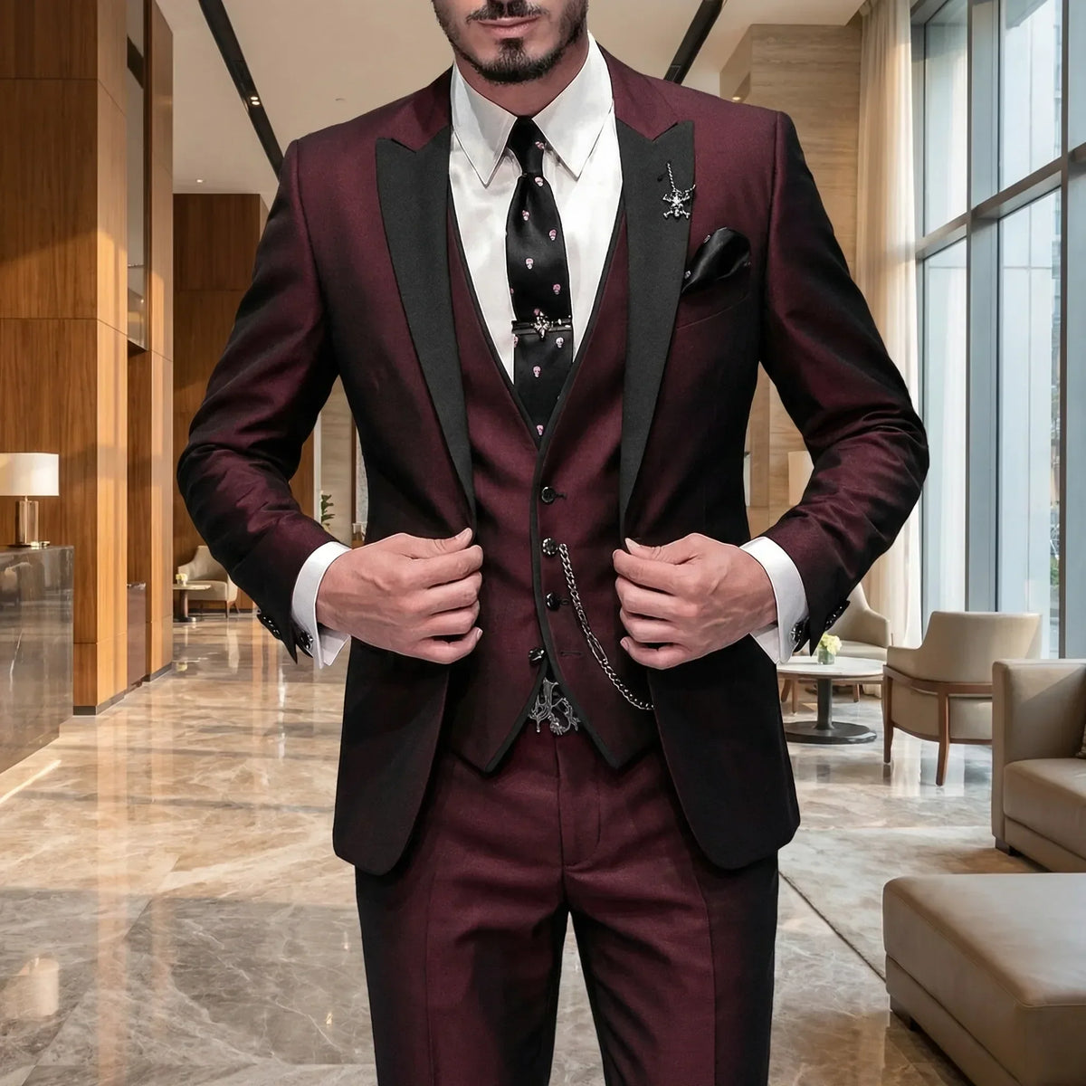 3-piece slim fit suit men's formal with contrast peak lapels, tailored silhouette