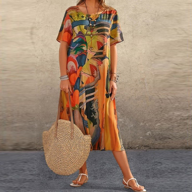 Women's short sleeve midi dress, loose fit mid-calf length casual summer dress