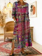 Women's denim dress with ethnic patchwork detail, loose fit boho summer style