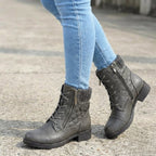 Women's leather ankle boots with side zipper and low block heel