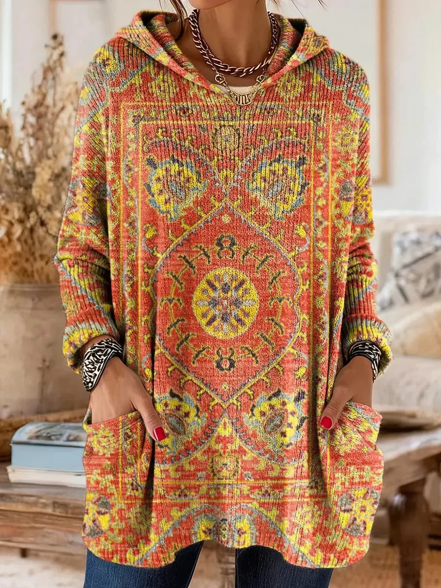 Women cotton blend hoodie ethnic print tunic length relaxed fit