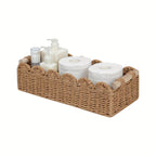 Boho woven storage basket with fan edge, natural fibre, rectangular, 35.5x16x10cm