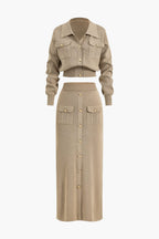 Women 2 piece knit blazer skirt set ribbed with gold button detail