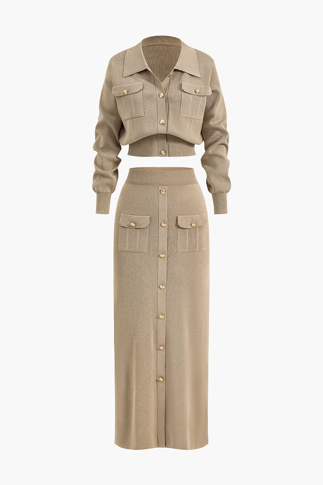 Women 2 piece knit blazer skirt set ribbed with gold button detail