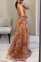 Women floral maxi dress open back with crossover front and thin straps