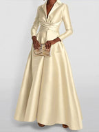 Women's A-line high waist V-neck long sleeve pleated maxi dress in multiple colours