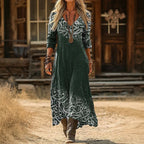 Women long sleeve vintage casual dress with V-neckline and relaxed flowing fit