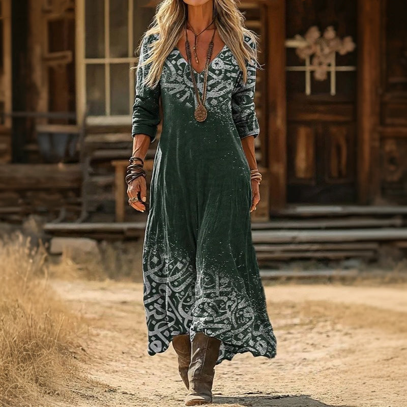 Women long sleeve vintage casual dress with V-neckline and relaxed flowing fit