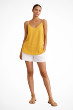 Women's linen tank top with spaghetti straps and relaxed fit, spring summer style