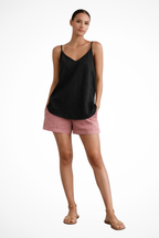 Women's linen tank top with spaghetti straps and relaxed fit, spring summer style
