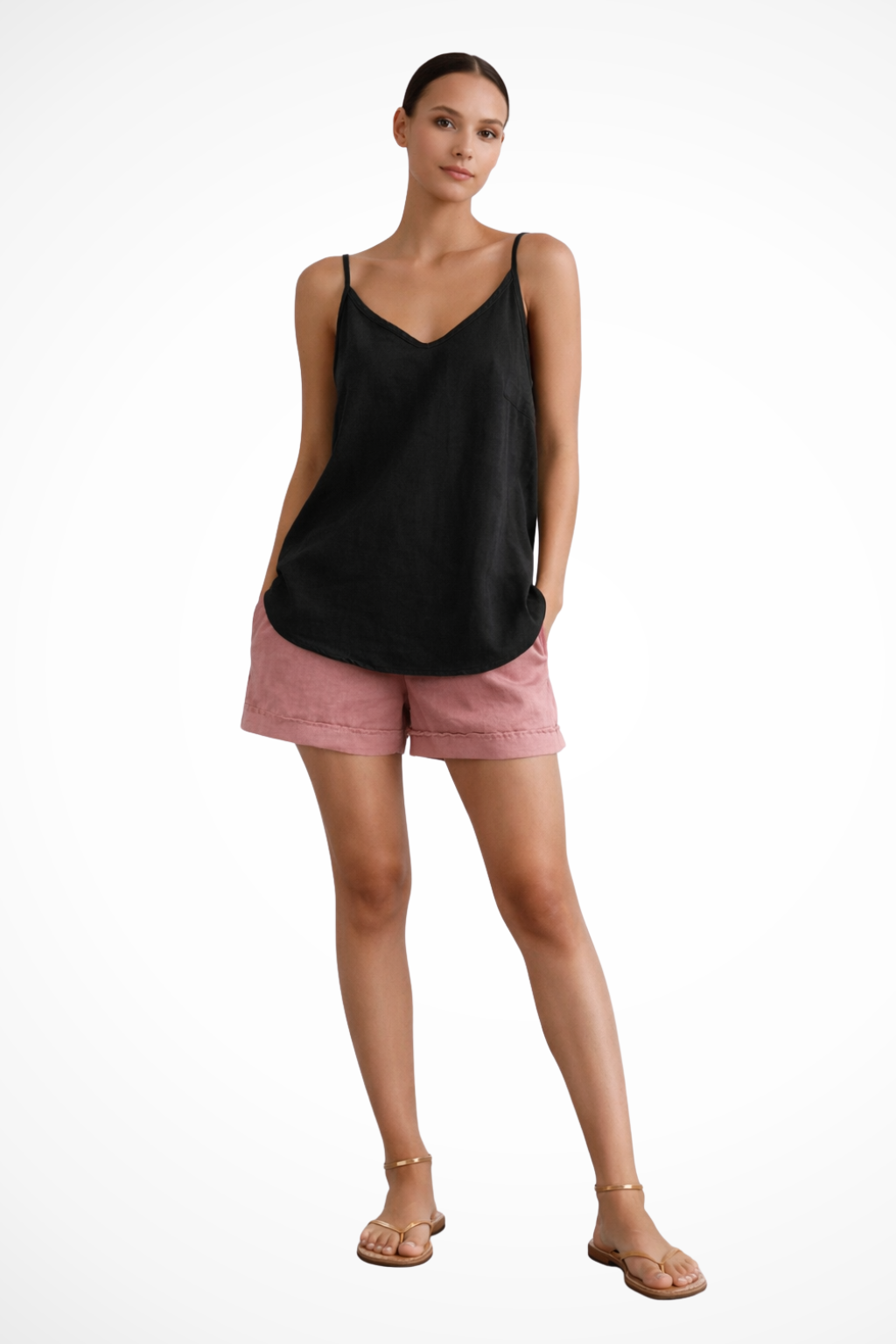 Women's linen tank top with spaghetti straps and relaxed fit, spring summer style