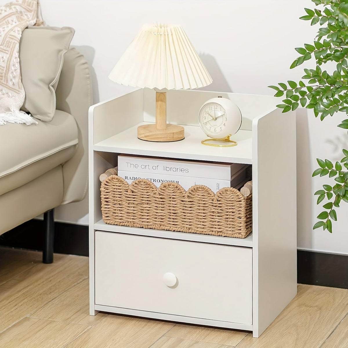 Boho woven storage basket with fan edge, natural fibre, rectangular, 35.5x16x10cm