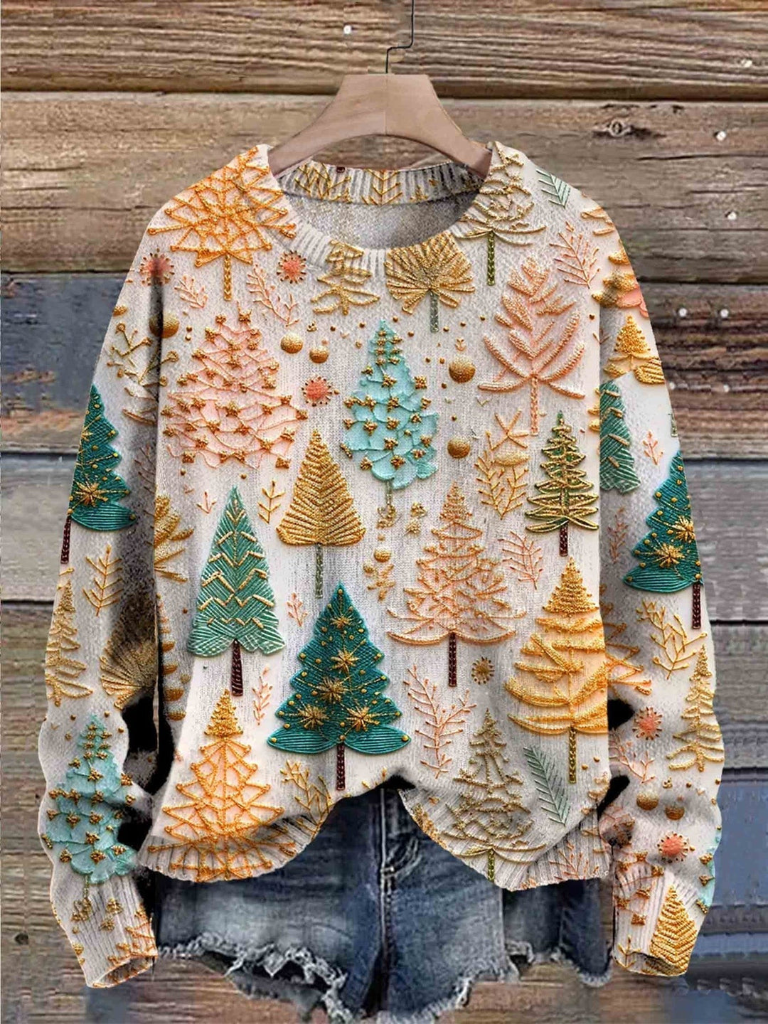 Women's Christmas sweater soft-touch festive jumper relaxed fit in beige green multicolour