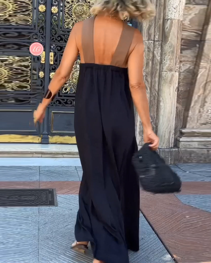 Women's maxi cross neck dress with open back, available in Black, White, Navy Blue and Gray