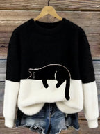 Women knit jumper colour block with black cat motif relaxed fit