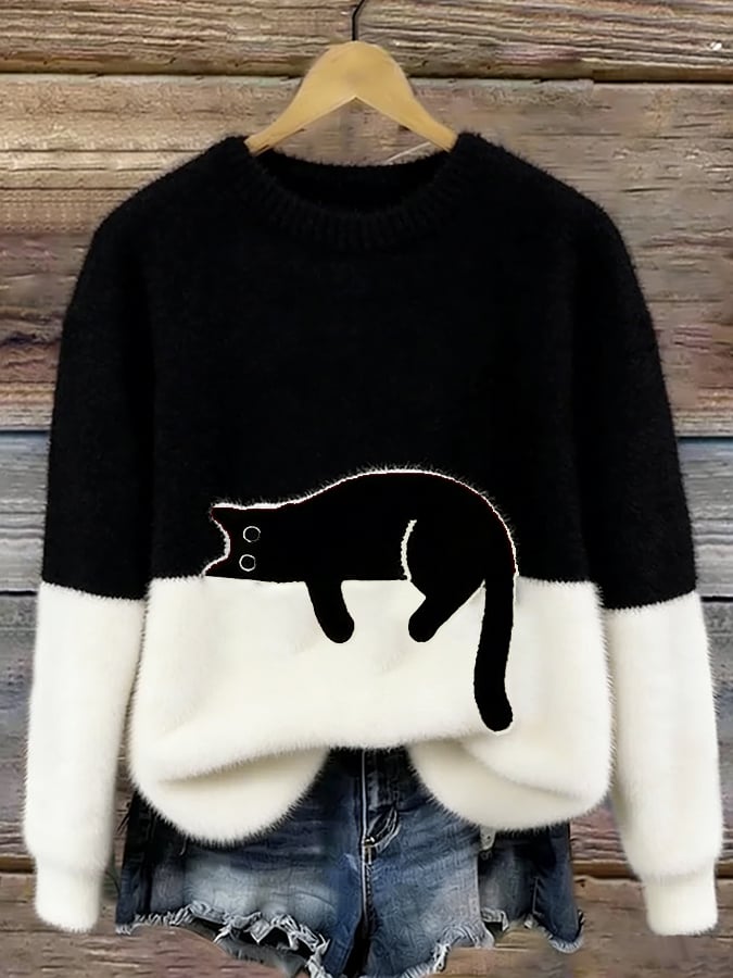 Women knit jumper colour block with black cat motif relaxed fit