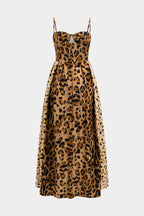 Women leopard print midi dress with corset bodice and flowing skirt