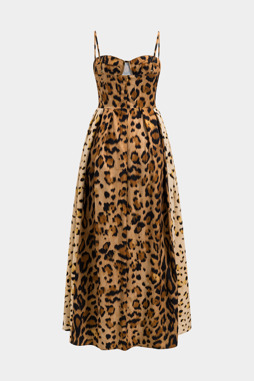 Women leopard print midi dress with corset bodice and flowing skirt