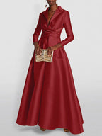Women's A-line high waist V-neck long sleeve pleated maxi dress in multiple colours