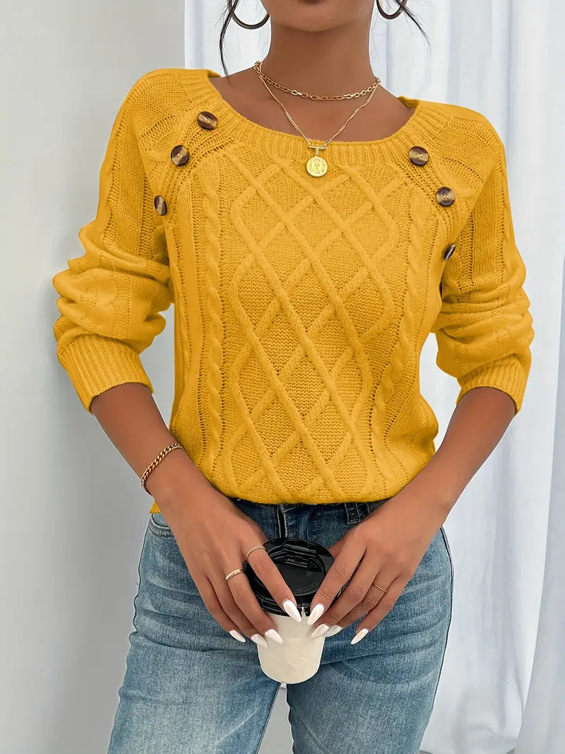 Women's winter cable knit pullover sweater with decorative button detail