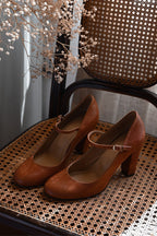 Women wide heel pumps round toe with adjustable buckle strap in brown