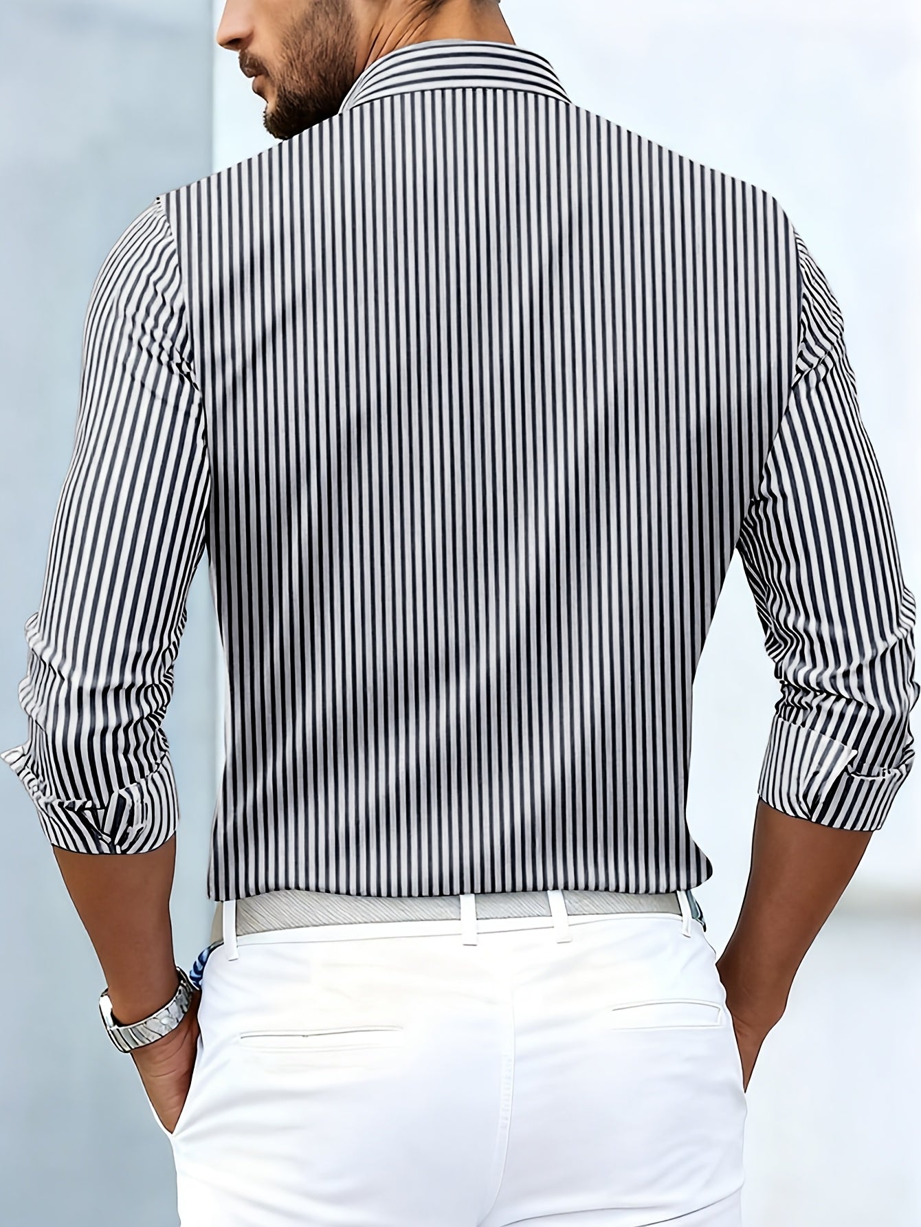 Men long sleeve striped shirt vintage wash relaxed regular fit