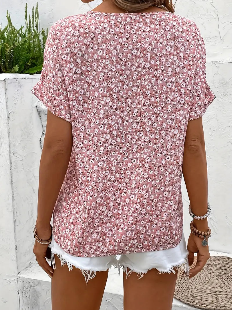 Women floral button-up blouse loose fit short sleeve casual top