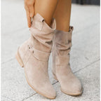 Women suede ankle boots low block heel slouch cuff side zip