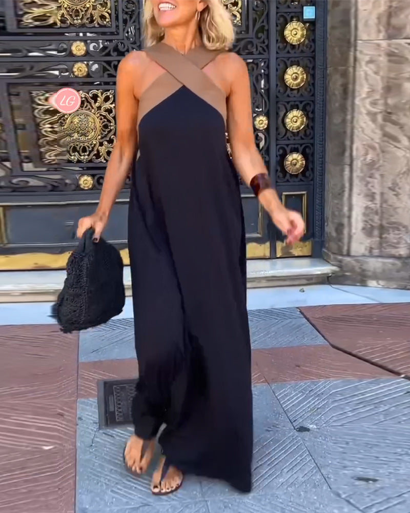 Women's maxi cross neck dress with open back, available in Black, White, Navy Blue and Gray