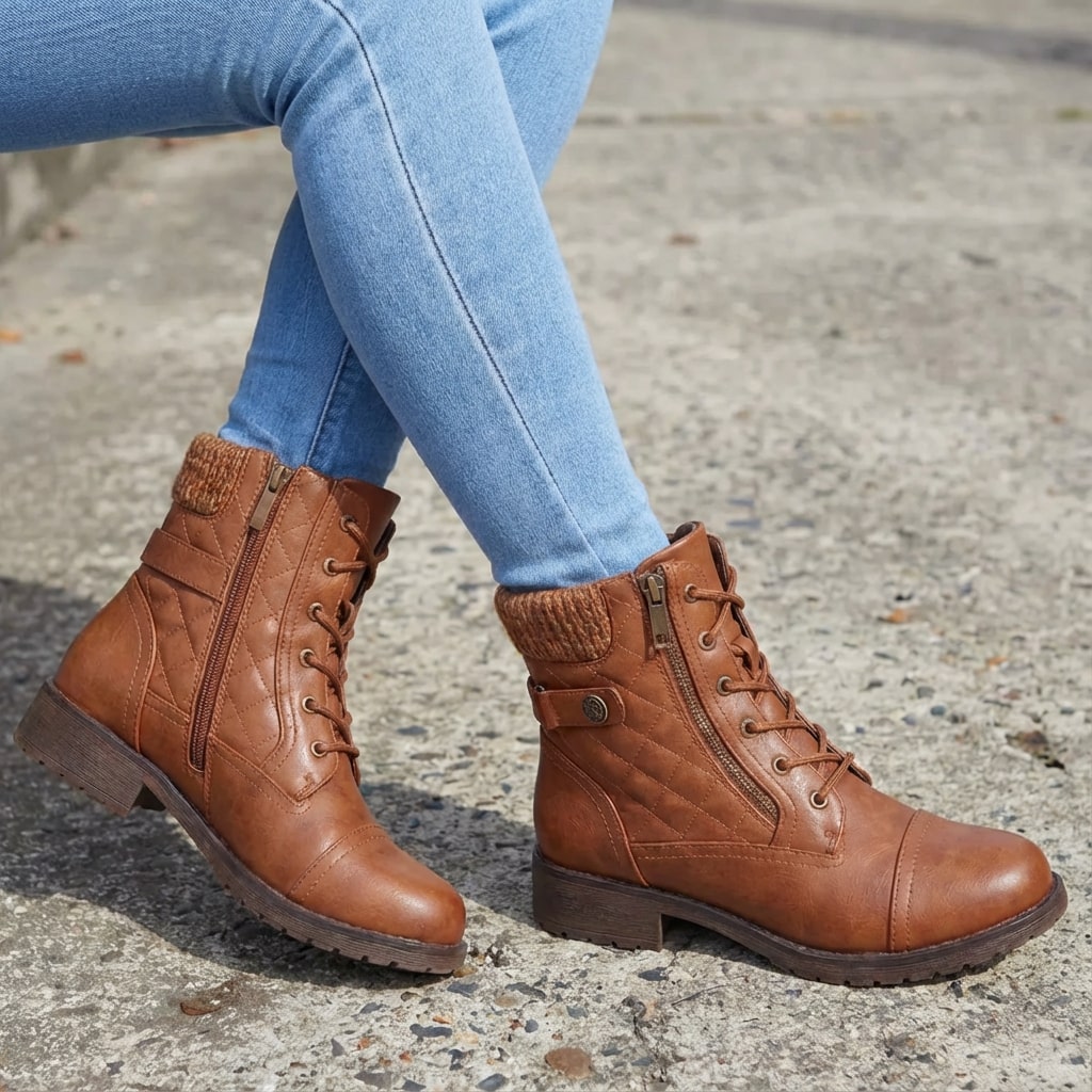 Women's leather ankle boots with side zipper and low block heel