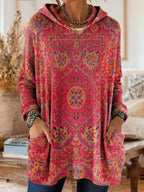 Women cotton blend hoodie ethnic print tunic length relaxed fit