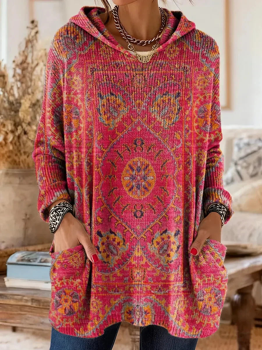 Women cotton blend hoodie ethnic print tunic length relaxed fit