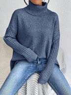Women knit sweater high neck asymmetric hem relaxed fit