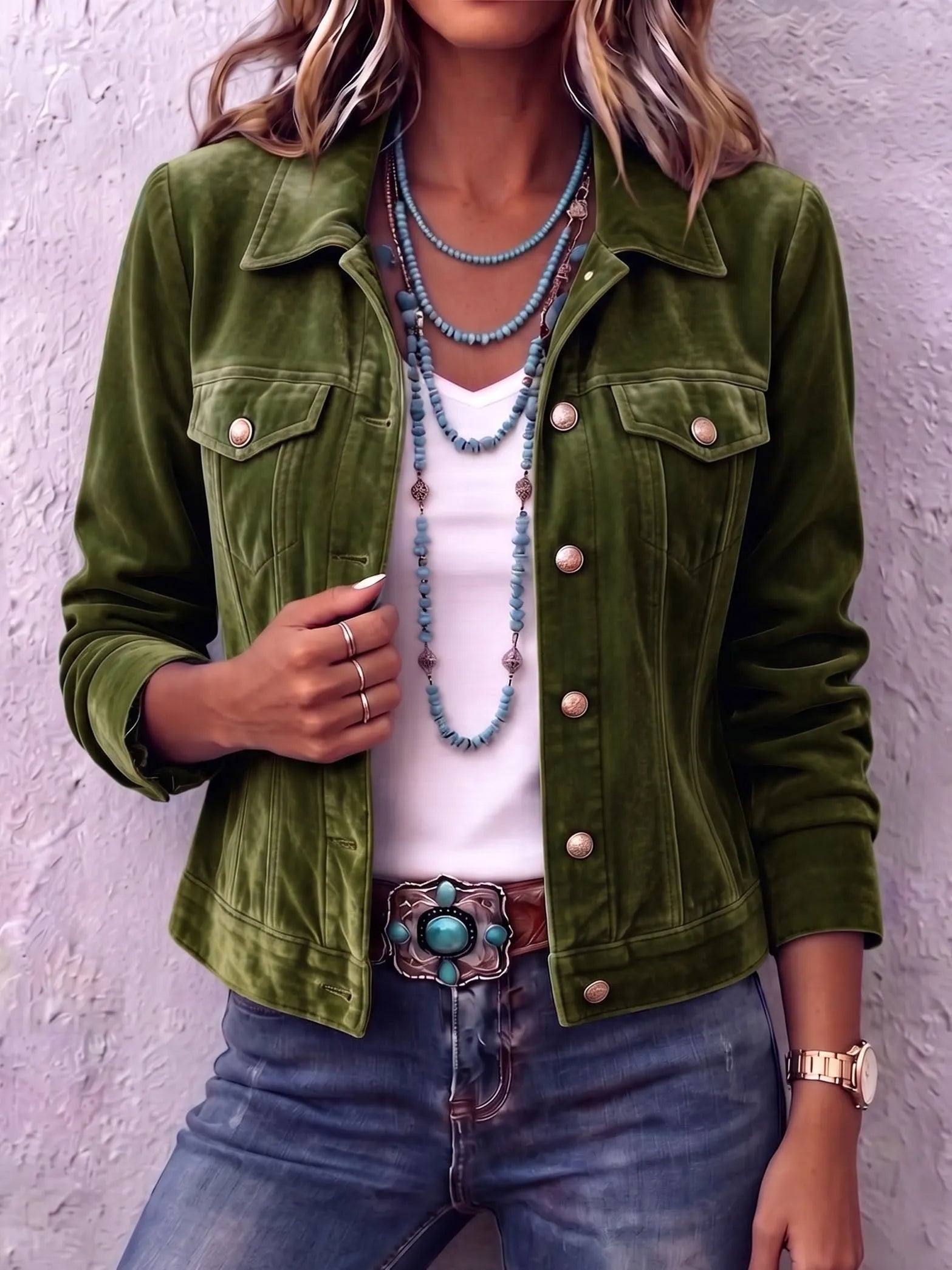Women vintage wash button front jacket relaxed fit with chest pockets