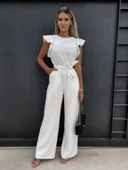 Women's wide leg jumpsuit with butterfly sleeves and belt, elegant summer one-piece