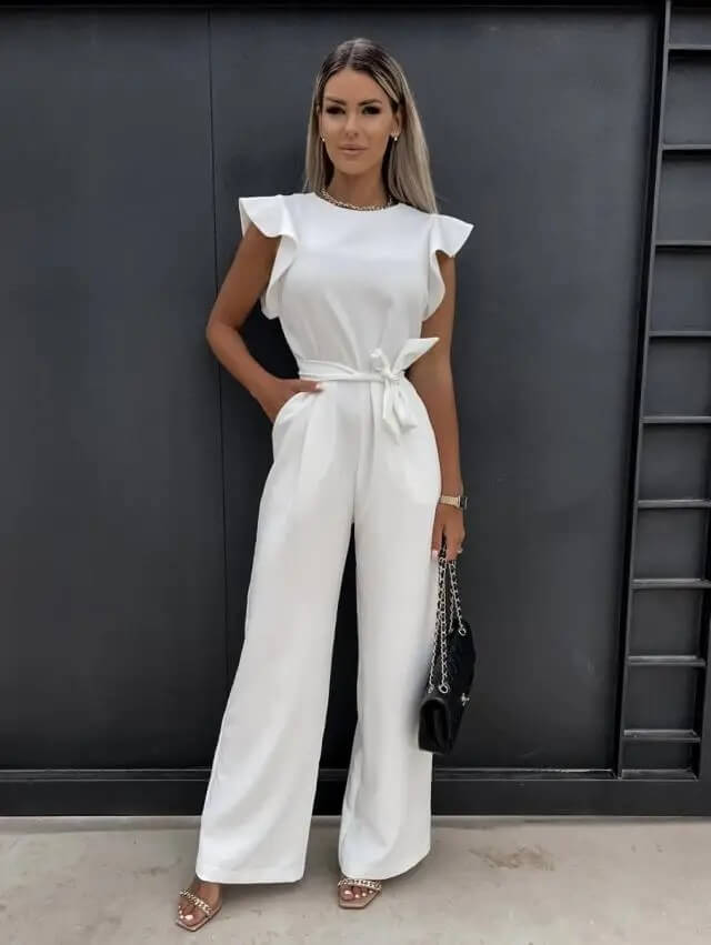 Women's wide leg jumpsuit with butterfly sleeves and belt, elegant summer one-piece
