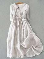 Women linen cotton midi dress minimalist silhouette in light blue orange white