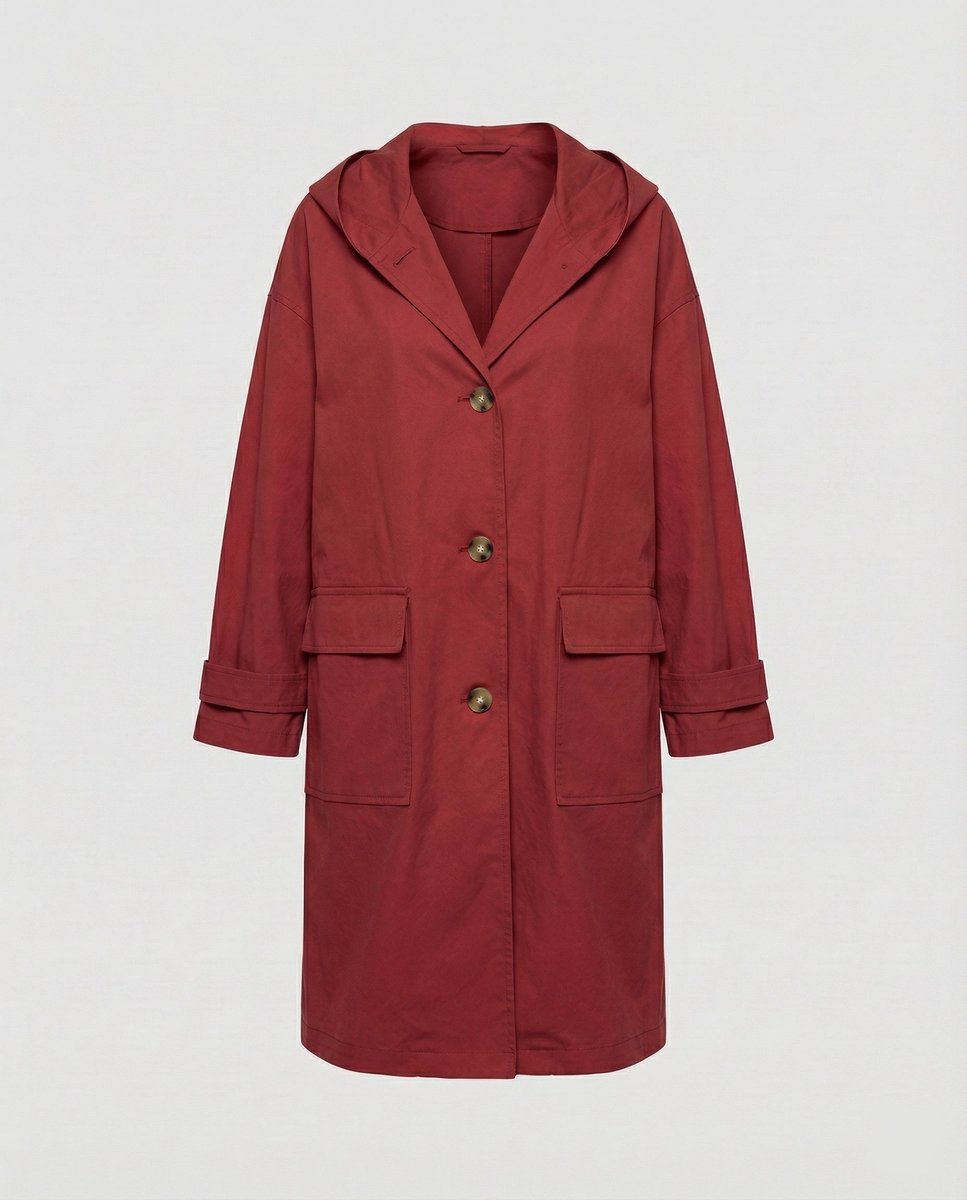 Women hooded water repellent trench coat maxi length in beige