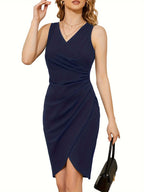 Women asymmetric hem pencil dress in black stretch knit fitted silhouette