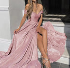Women off shoulder maxi dress with glitter details flowing silhouette