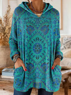 Women cotton blend hoodie ethnic print tunic length relaxed fit