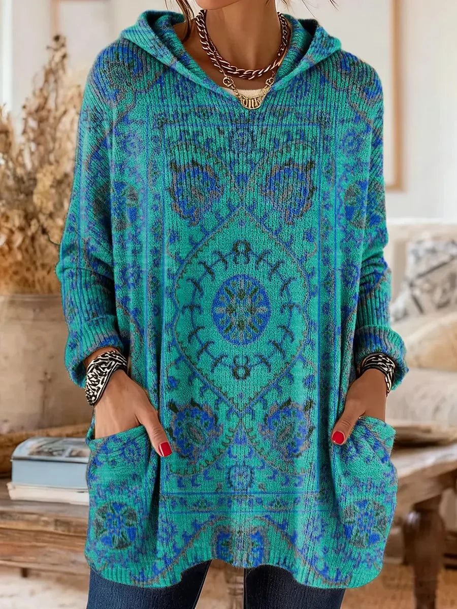 Women cotton blend hoodie ethnic print tunic length relaxed fit