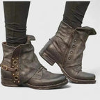 Women's ankle boots distressed faux leather with buckle strap and Western-style detail