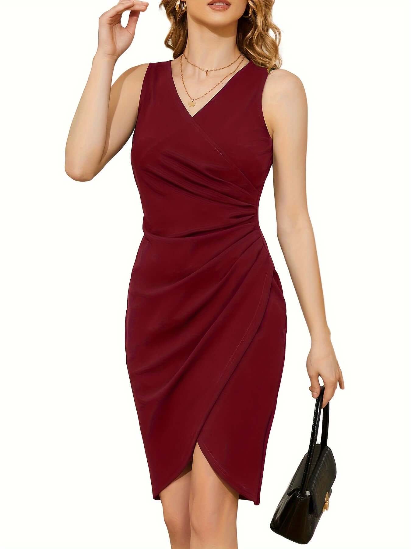 Women asymmetric hem pencil dress in black stretch knit fitted silhouette