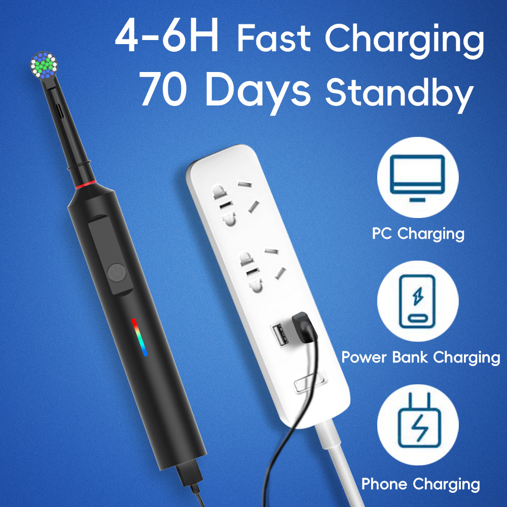 Electric toothbrush 360° rotating with IPX7 waterproof and USB-C charging, 70-day battery