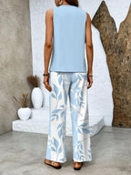 Women 2 piece set sleeveless top and wide leg leaf print pants