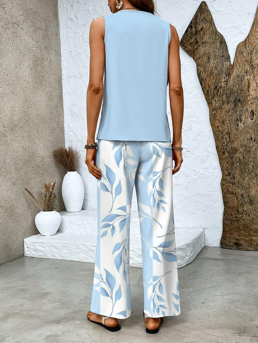 Women 2 piece set sleeveless top and wide leg leaf print pants