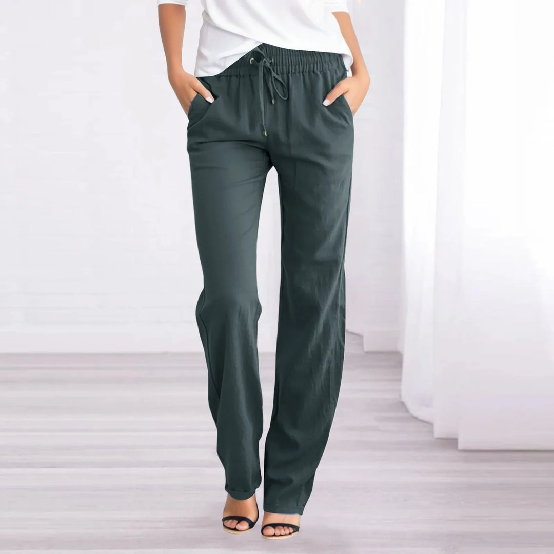 Women cotton linen trousers relaxed fit with elastic waist