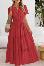 Women smocked midi dress short sleeve boho flowing skirt